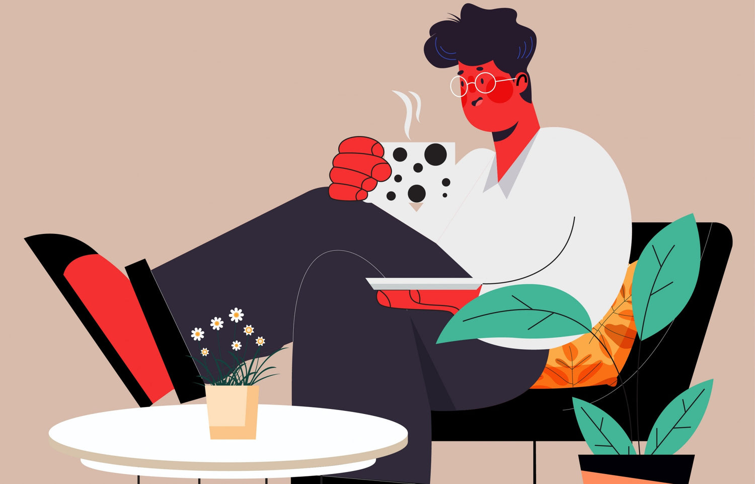 Vector image of a person driking hot coffee on a chair. author: https://all-free-download.com/