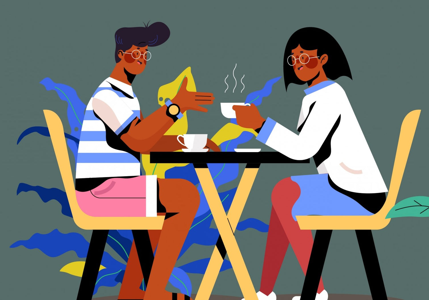 Vector image of two people talking over hot coffee at a table. Author: https://all-free-download.com/