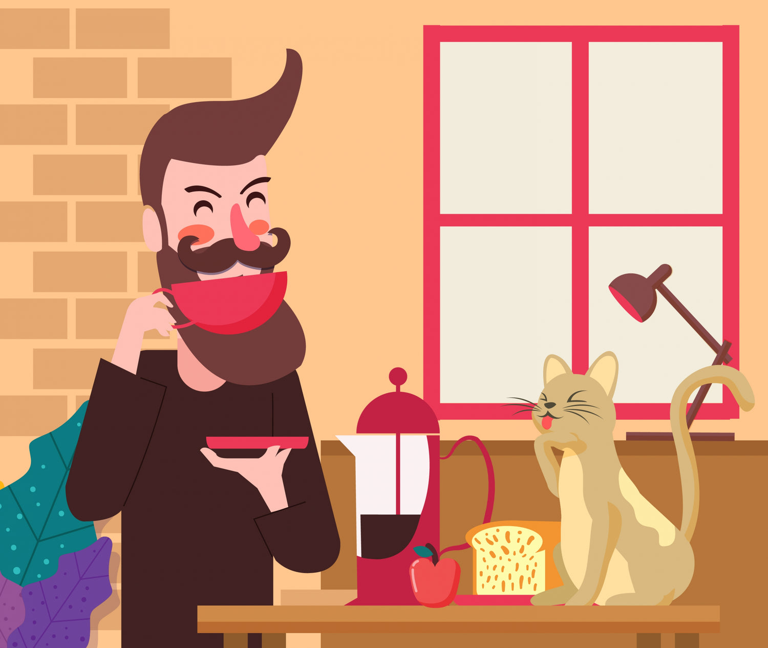Vector image of a man drinking espresso with his cat sticking out tongue. Author: https://all-free-download.com/